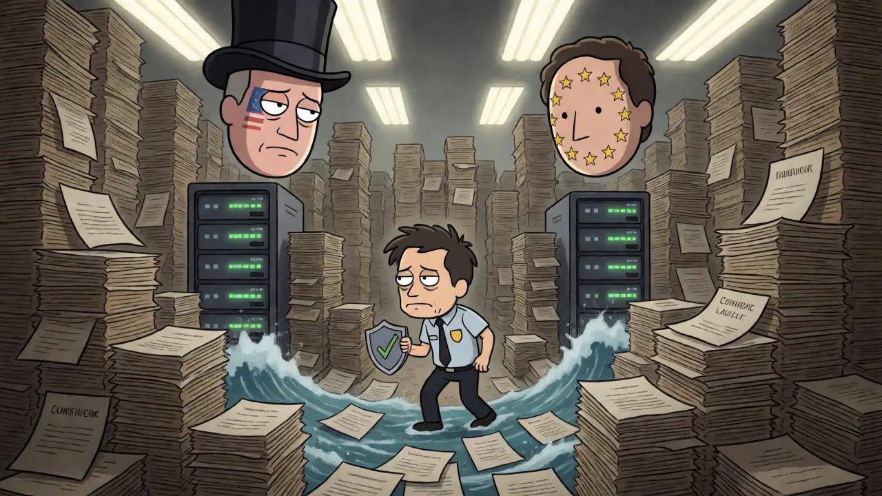 Exhausted compliance officer navigating a maze of legal papers under judging giant heads.