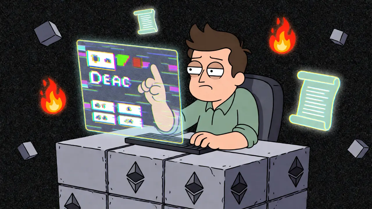 Exhausted entrepreneur managing a glitchy holographic DAO interface