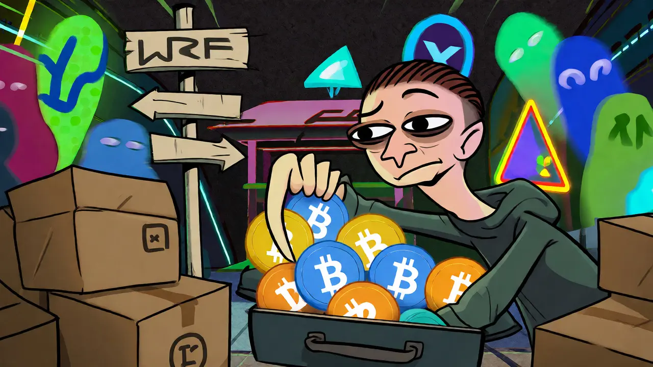 Frustrated user packing crypto assets into an overflowing suitcase amidst chaos.