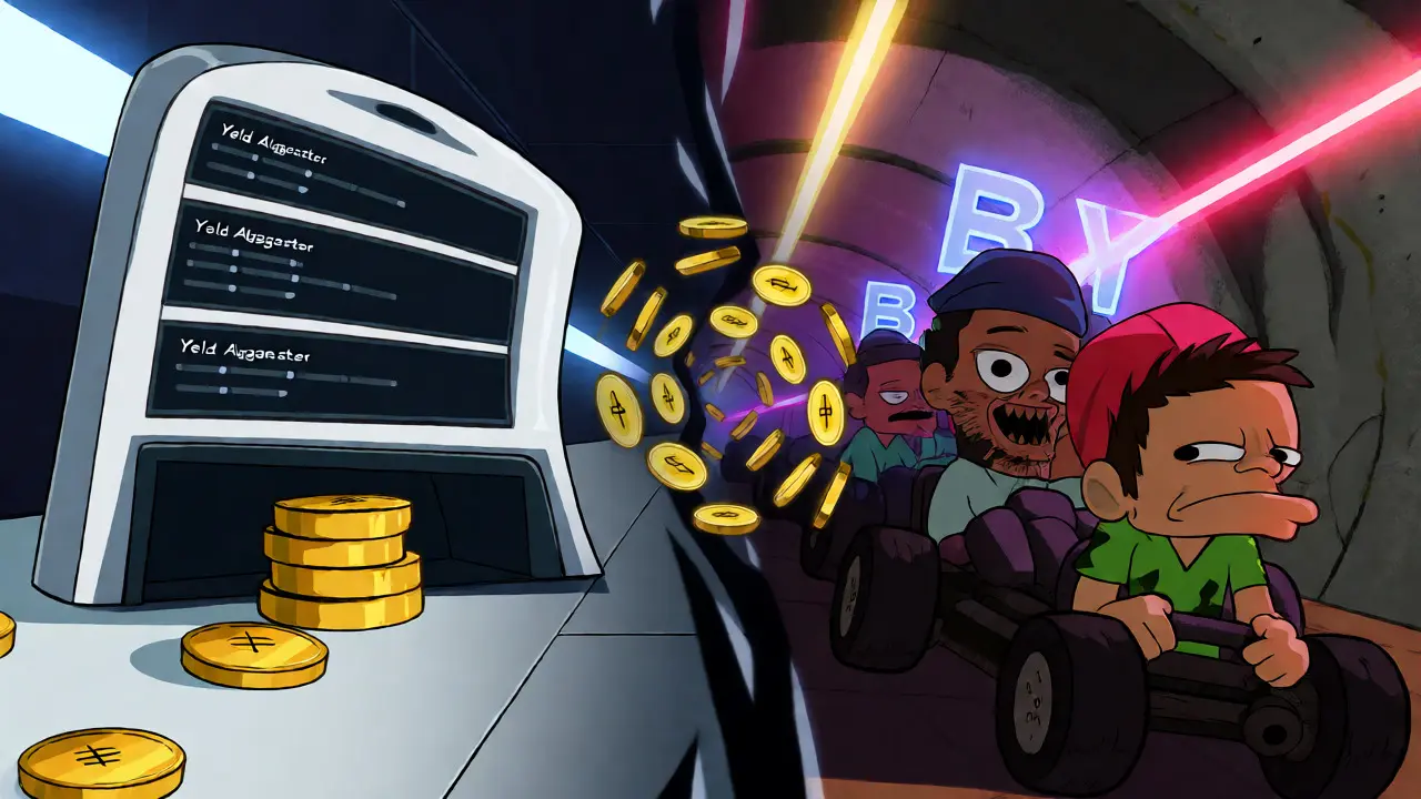 Futuristic yield aggregator merging with BOY X HIGHSPEED racing scene via token vortex.
