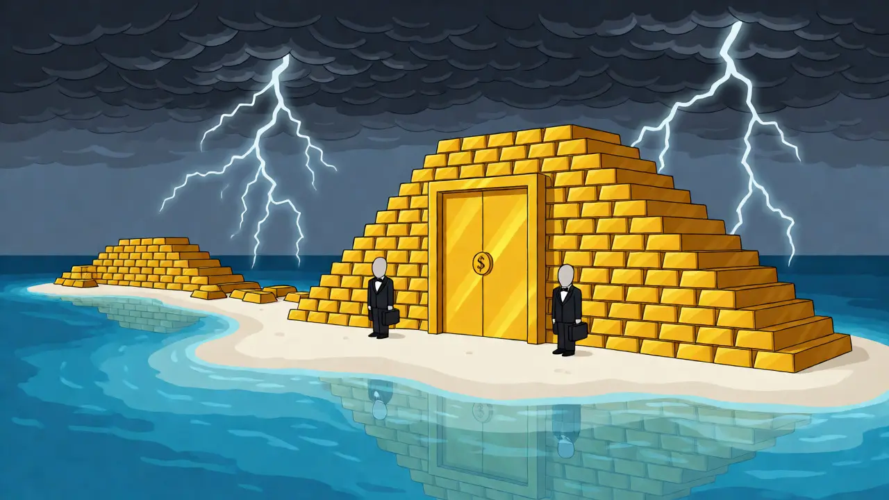 Gold-bar fortress on a Cayman Island beach guarded by tuxedoed figures under stormy skies.