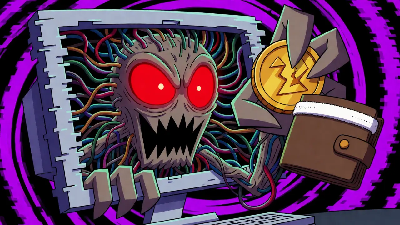 Grotesque wire monster trying to grab a wallet in a glitchy scene