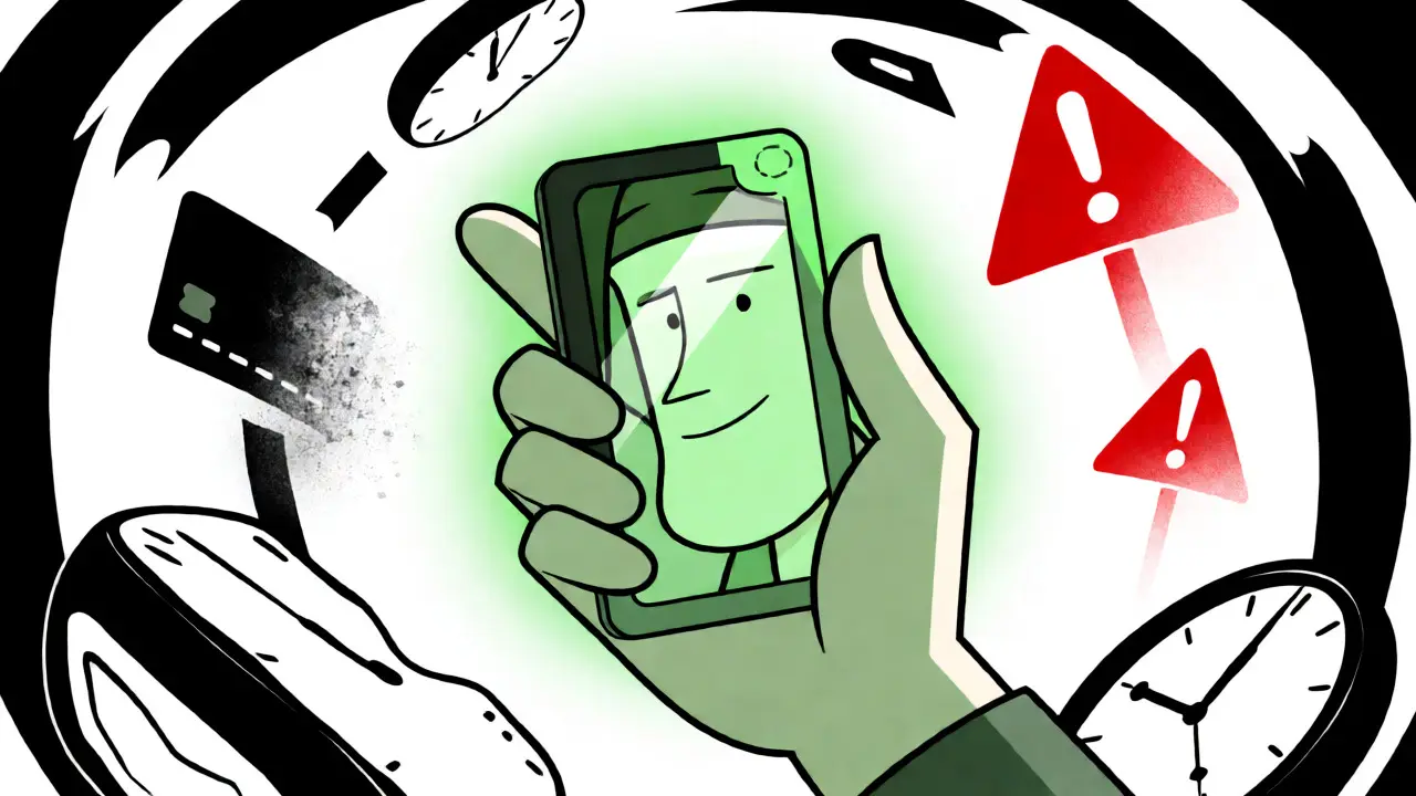 Hand holding a glowing hardware wallet against an abstract financial background