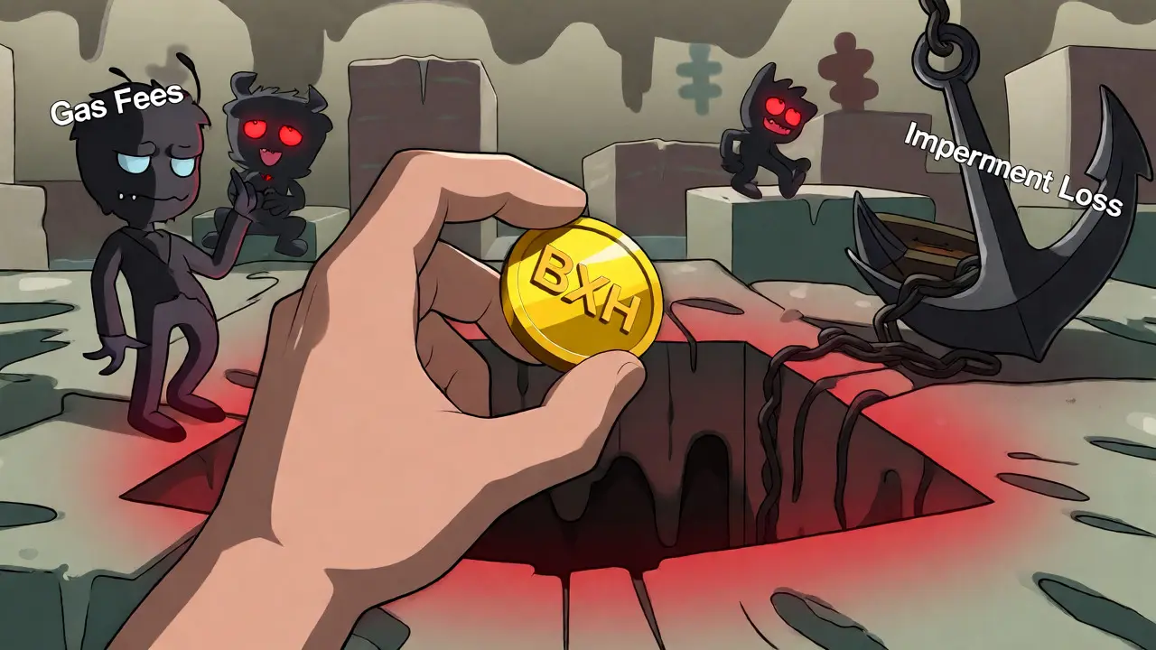 Hand reaching for BXH token near phishing traps and gas fee imps in distorted landscape.