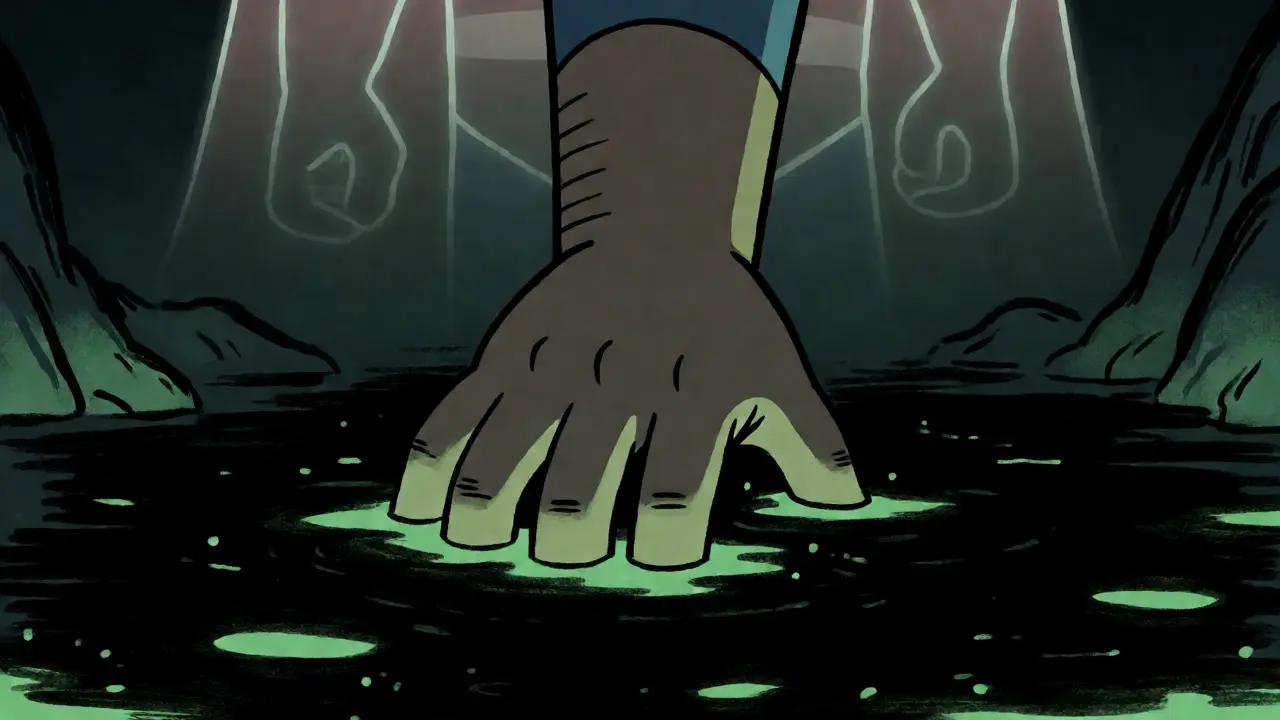 Hand trapped in dark digital swamp with fading superhero cape