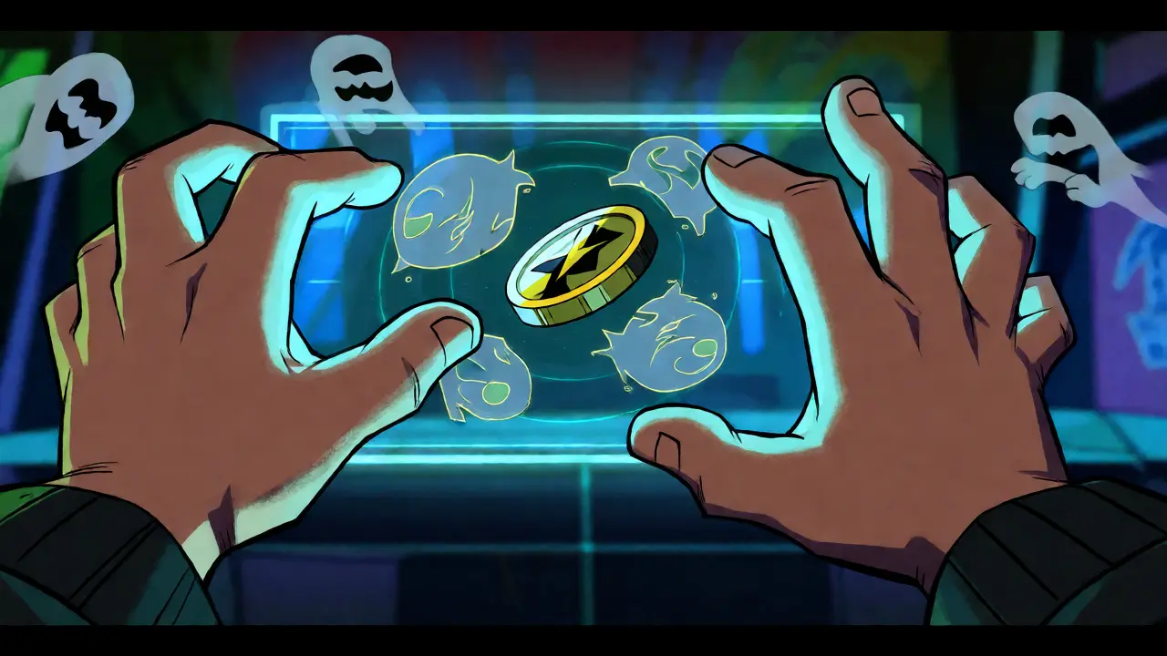 Hands interacting with a holographic interface showing spinning DRV tokens.