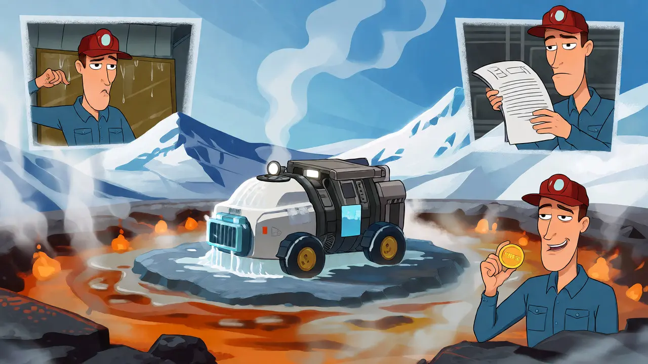 Icelandic geothermal mining rig surrounded by steam and snow, contrasting with struggling miners.