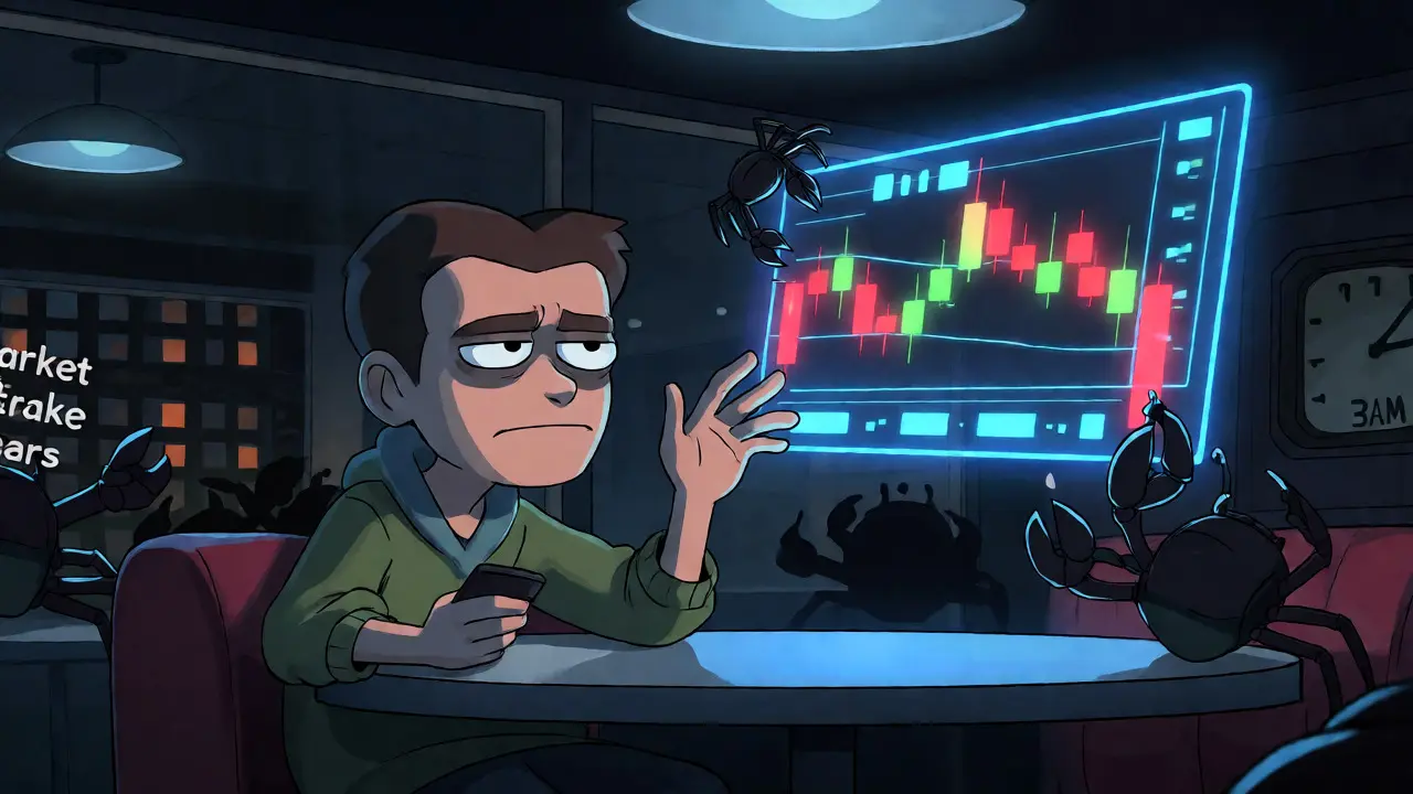 Lone trader at 3 AM watching floating charts while robotic crabs pinch edges.