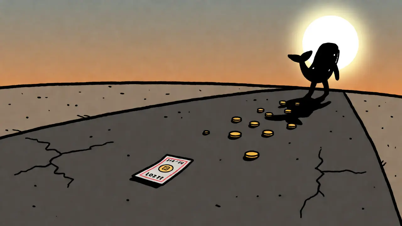 Lonely lottery ticket on cracked road as whale walks away crushing coins
