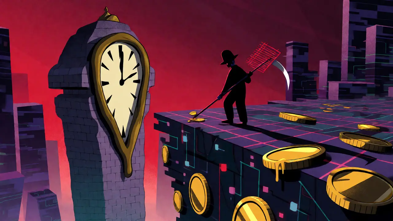 Melting clock tower over a digital cliff with coins falling into a void.