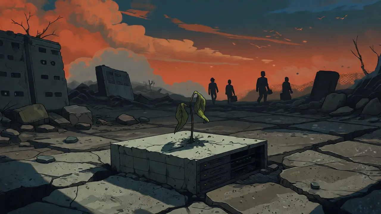 Moody illustration of a ruined landscape symbolizing the exchange's collapse