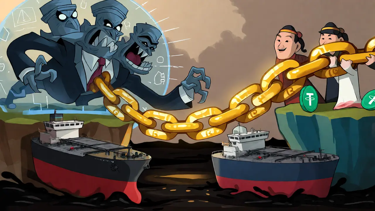 Oil tankers connected by a chain of Bitcoin and Tether bypassing a monstrous Western bank entity.