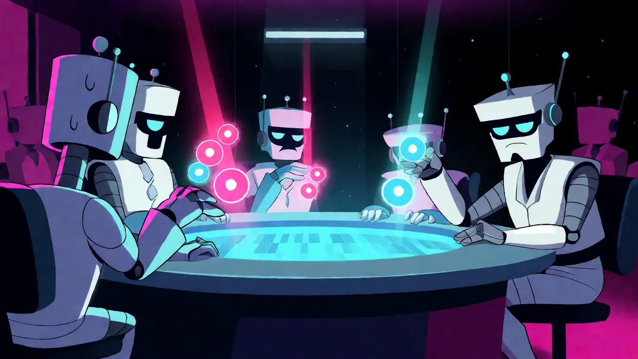 Robot solvers competing in a futuristic batch auction for optimal trade execution paths.
