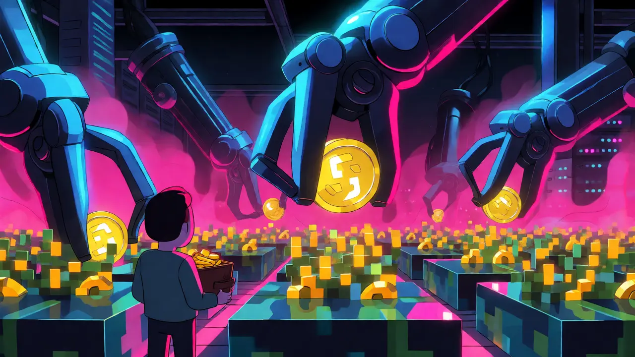 Robotic arms harvesting crypto rewards from farms