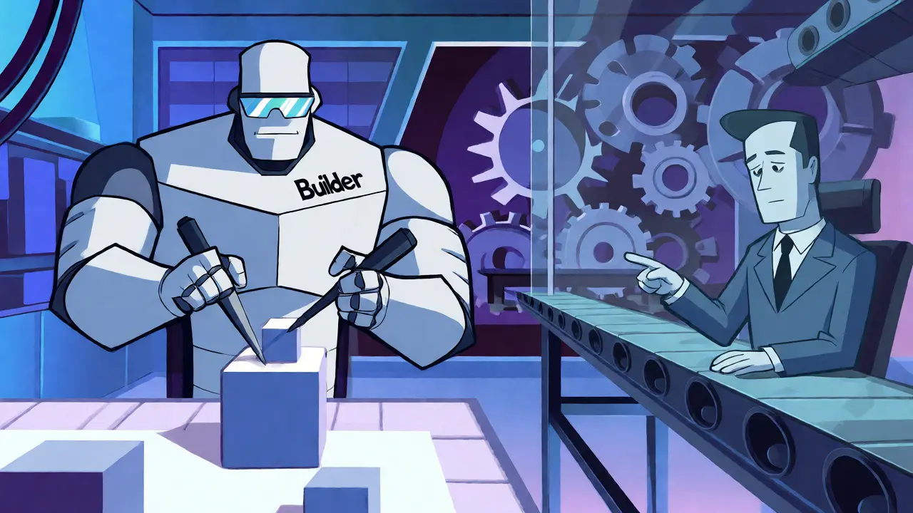 Robotic builders constructing blocks while a proposer observes from behind glass.