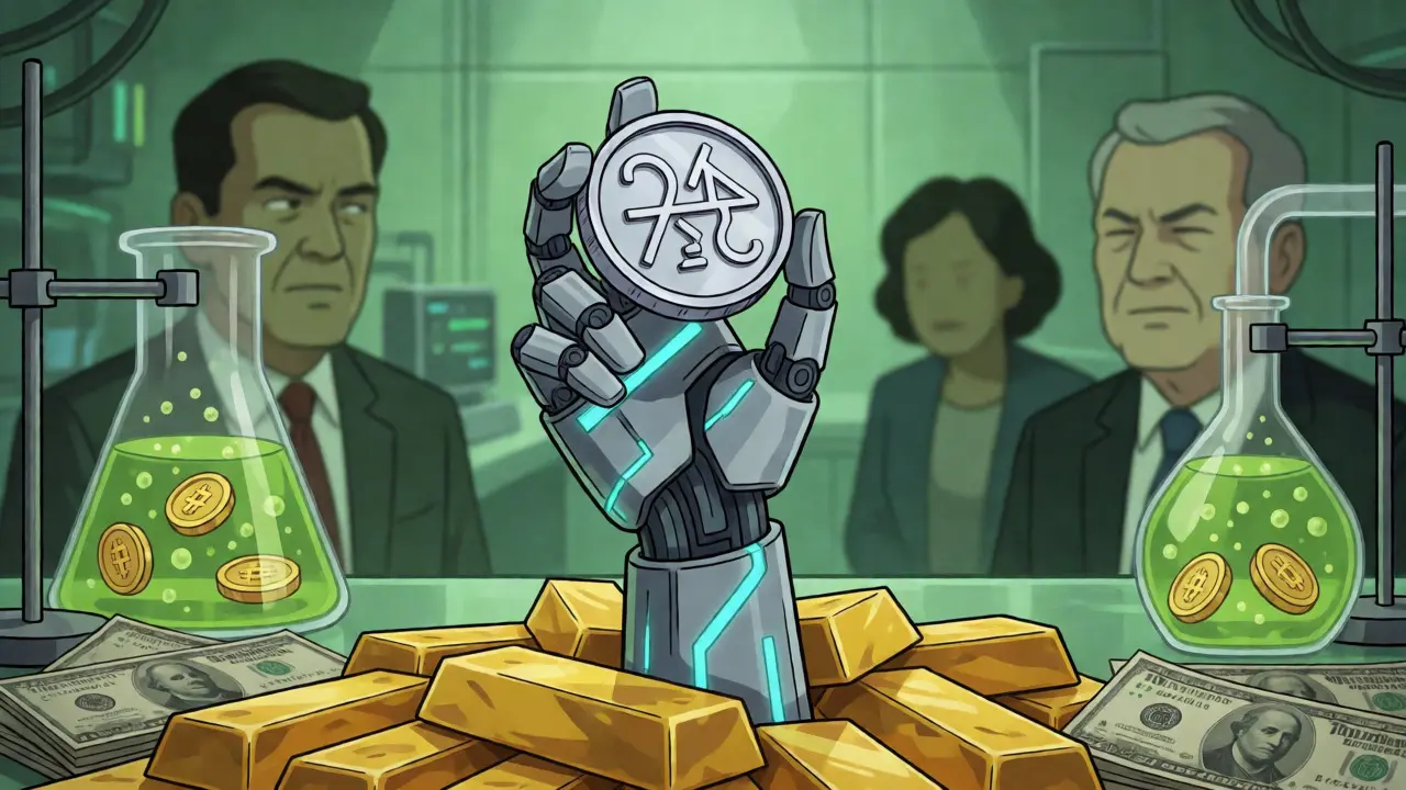 Robotic hand holding stablecoin above gold bars in lab with skeptical regulators