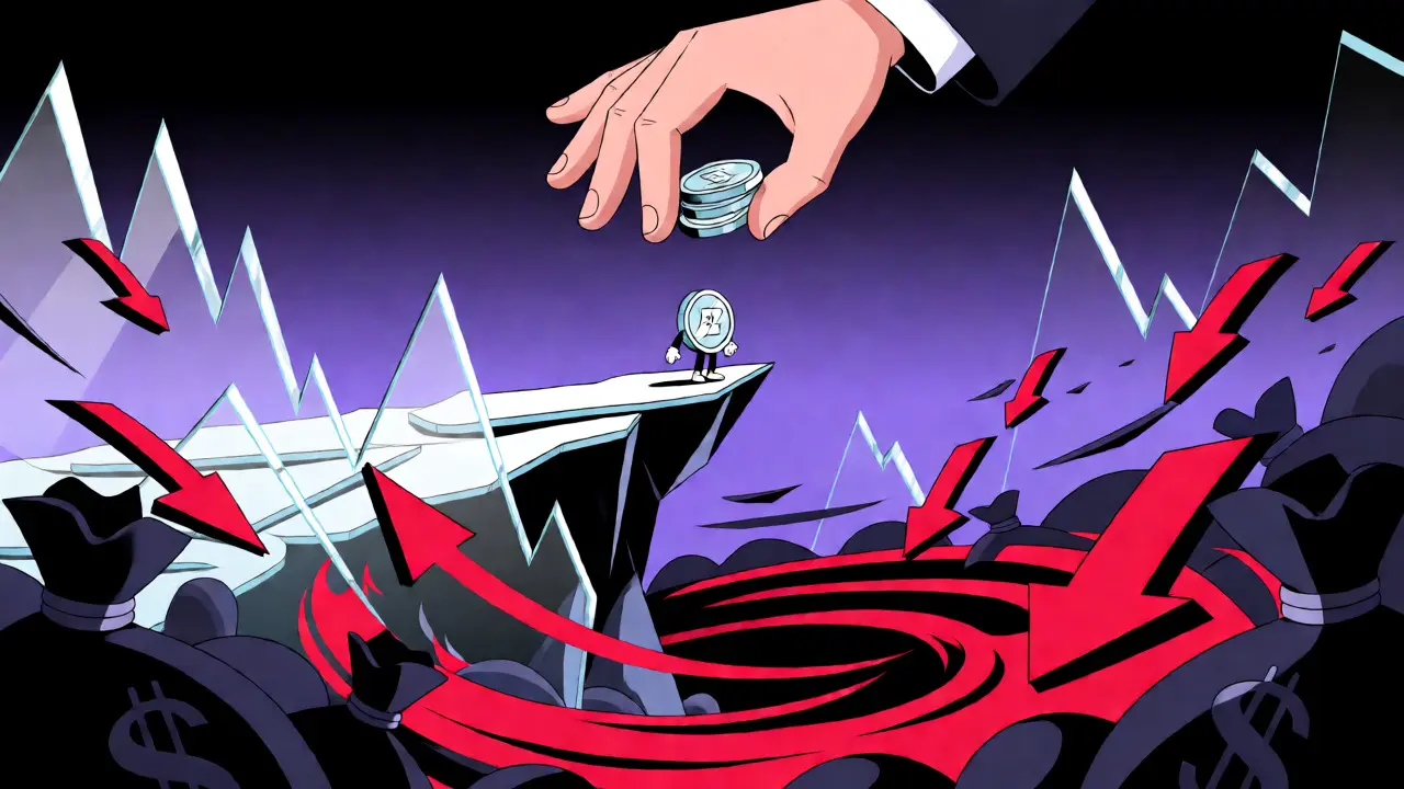 Small token character standing on a cliff edge above a volatile market vortex.