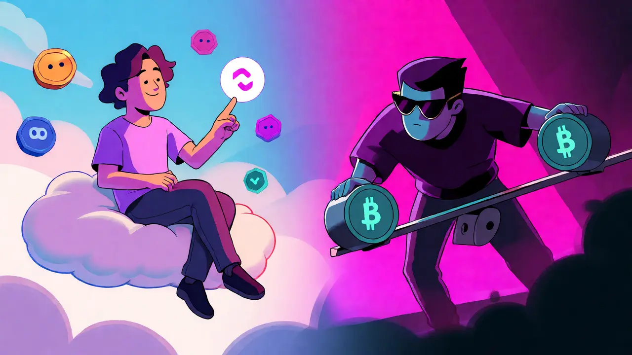Split scene of casual swapping and intense perpetual futures trading
