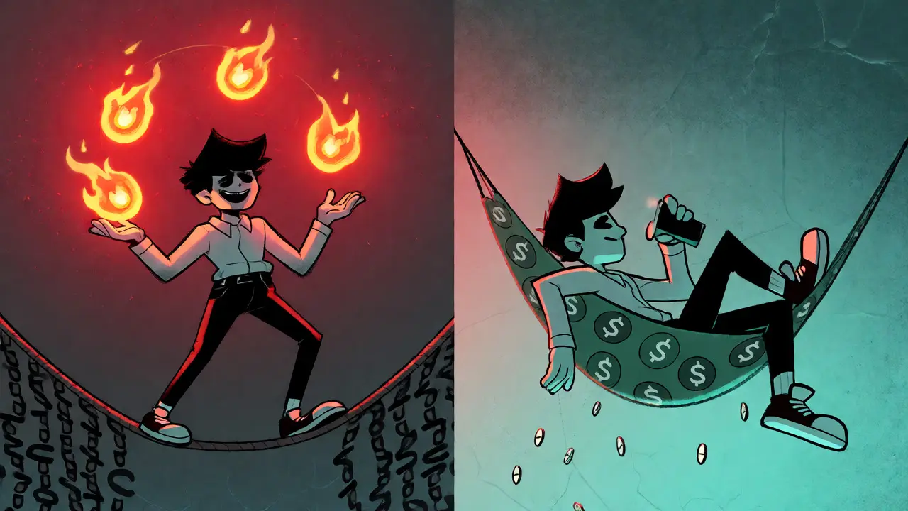 Split scene showing risky vs safe crypto strategies