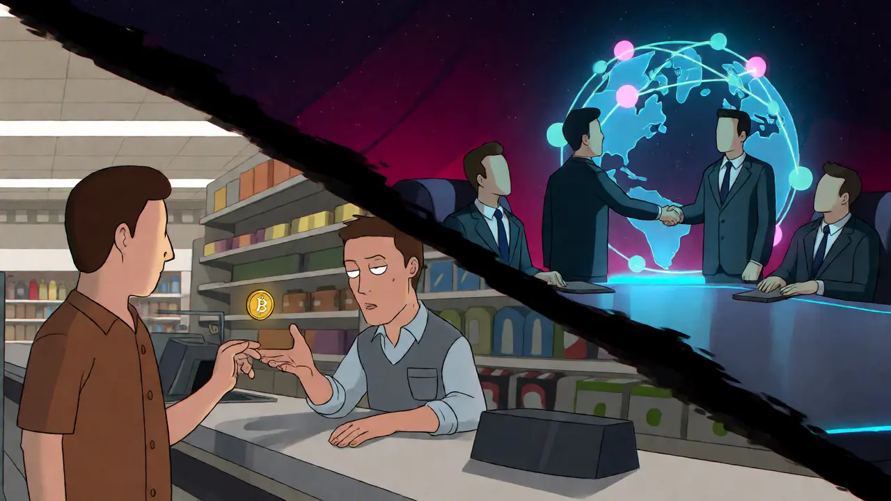 Split-screen illustration contrasting domestic payment bans with international corporate crypto deals.