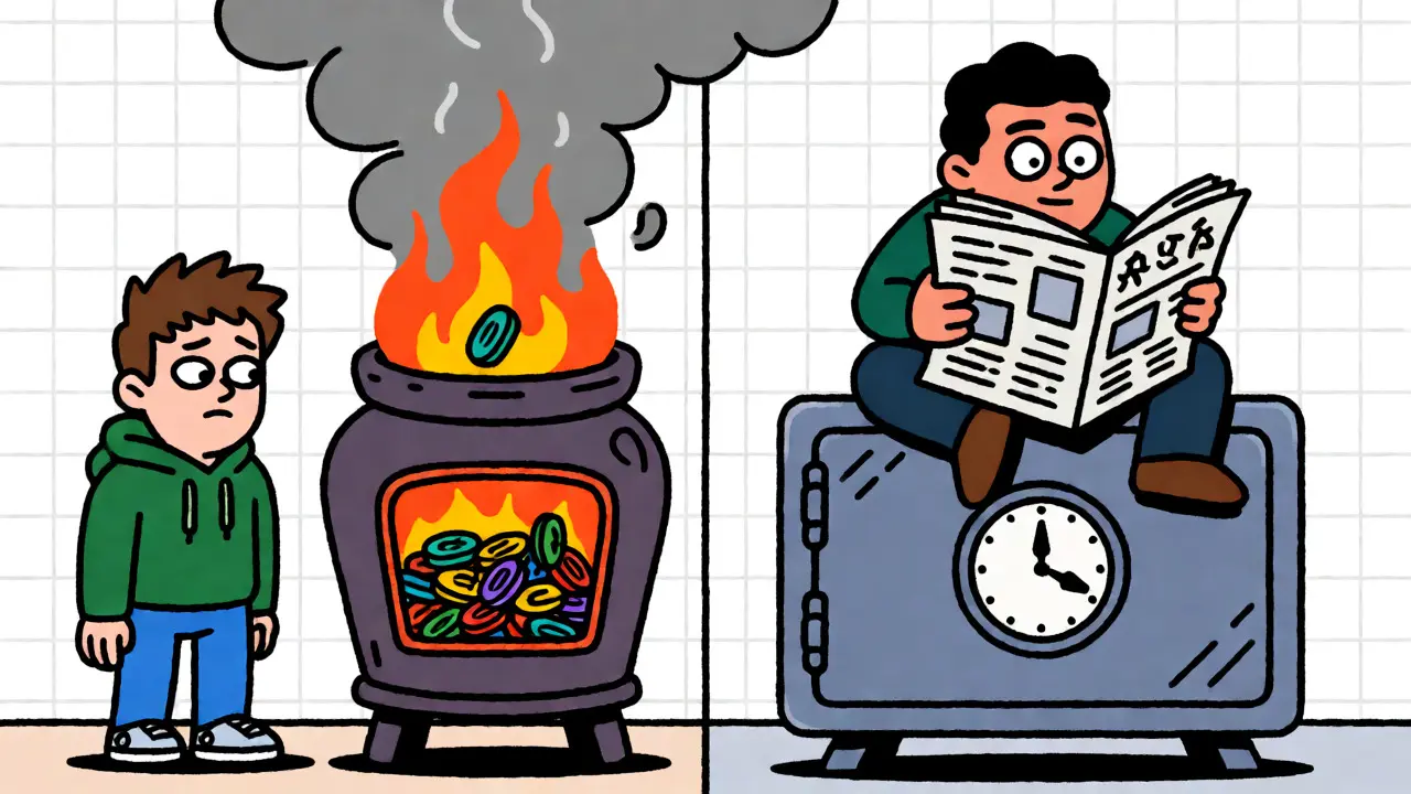 Split-screen illustration showing CYT token burn mechanics and vesting schedules