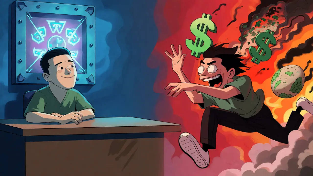 Split-screen view of calm staking versus frantic token chasing.