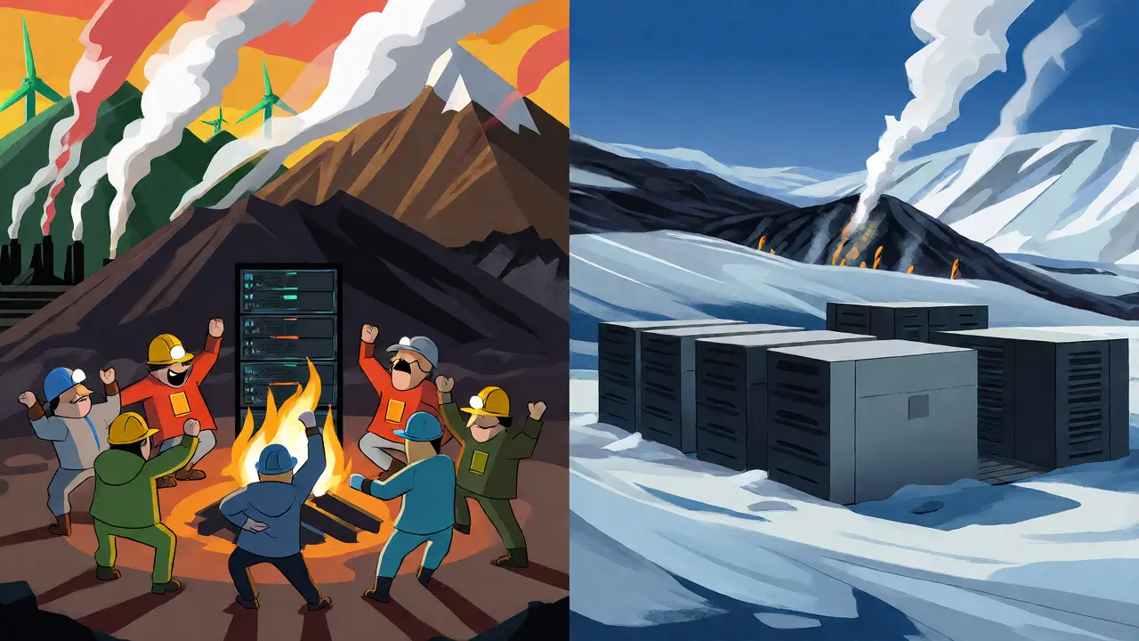 Split view of chaotic Kazakh mining and serene Icelandic geothermal farms.