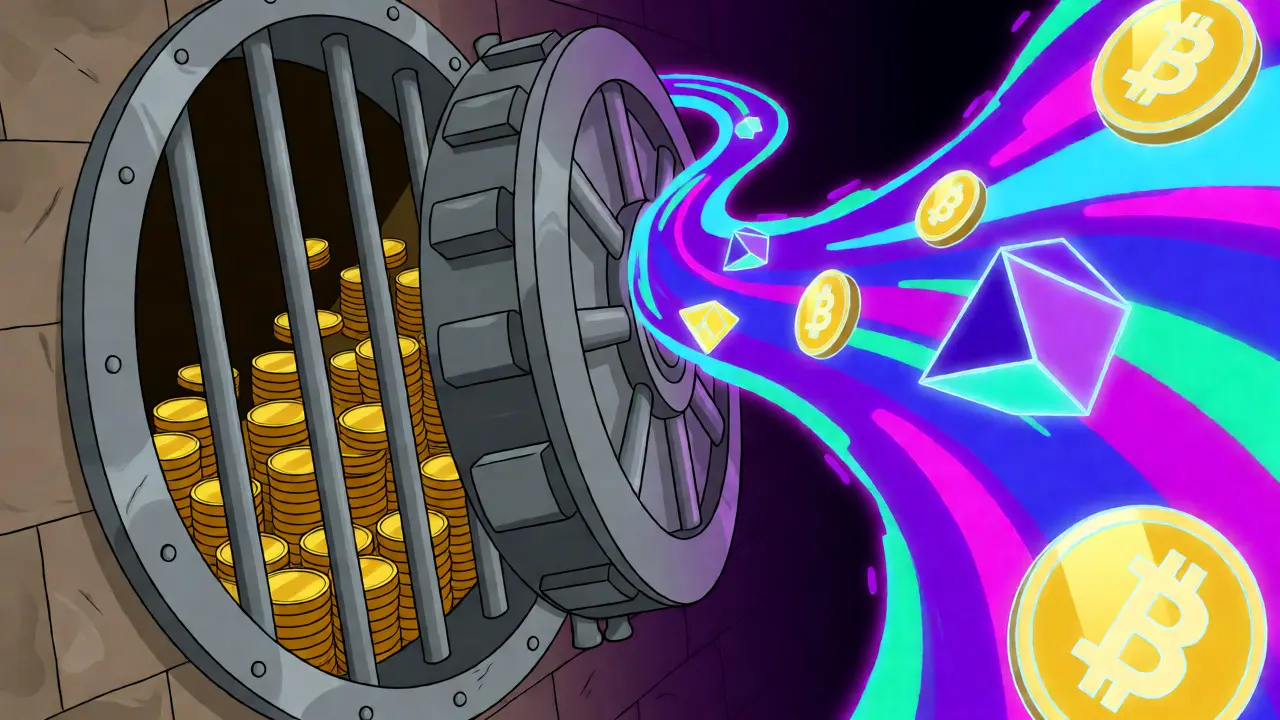 Split view of locked bank vault versus flowing neon crypto streams