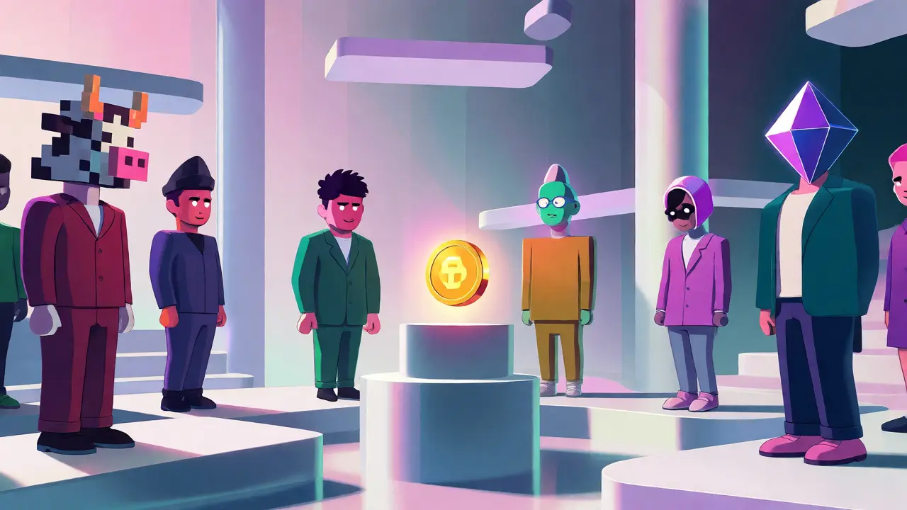 Stylized avatars voting on protocol upgrades in a minimalist governance chamber.
