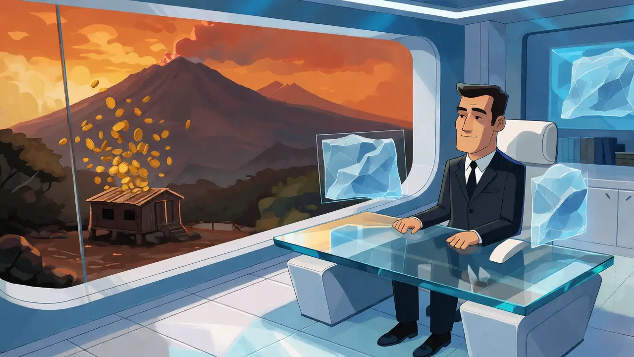 Swiss executive watching volcanic coin eruptions from a safe office.