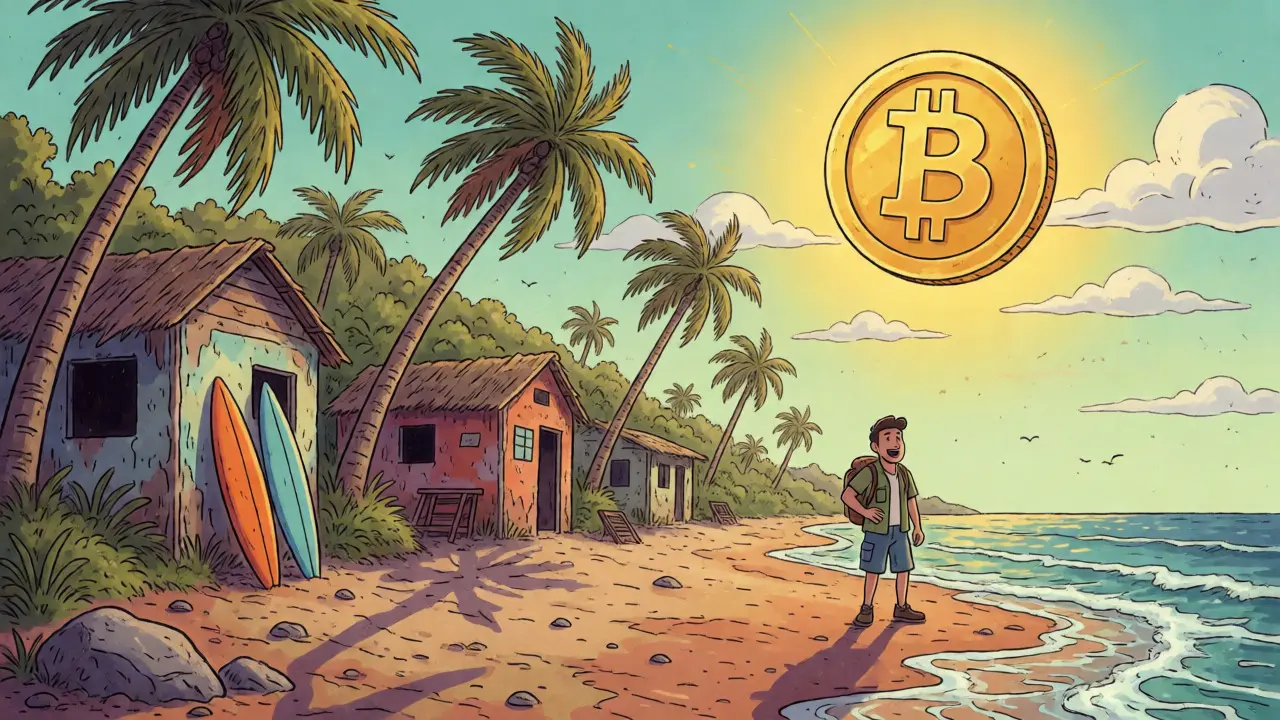 Tropical El Salvador beach with a giant floating Bitcoin symbol and a lone traveler.