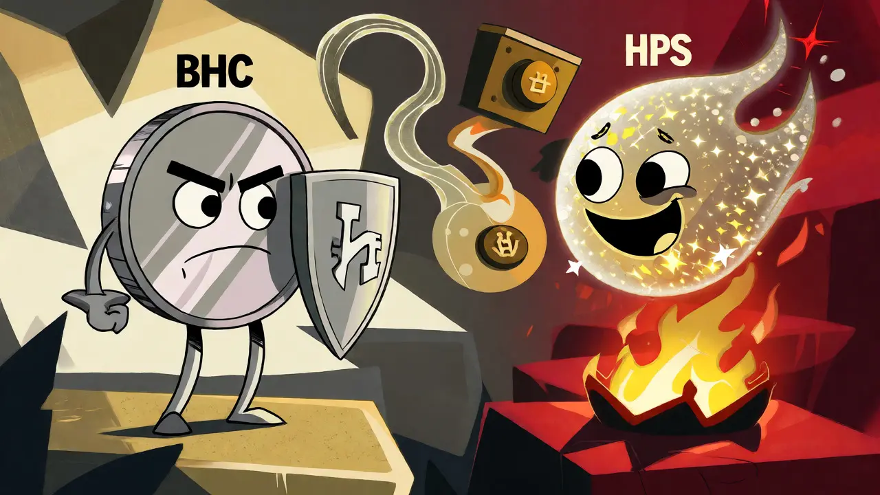 Two characters representing BHC and HPS tokens amidst fee distribution streams.