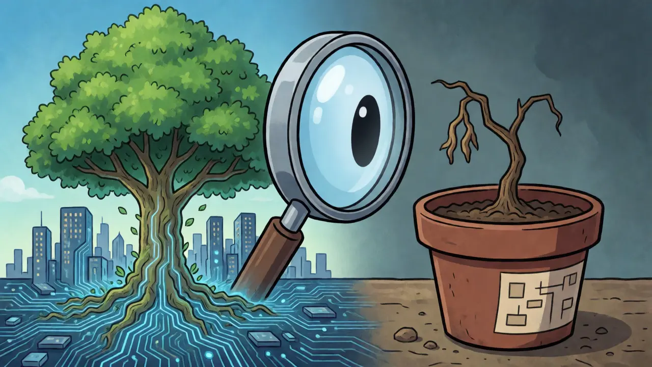 Vibrant eco-city compared to a withered plant under a magnifying eye