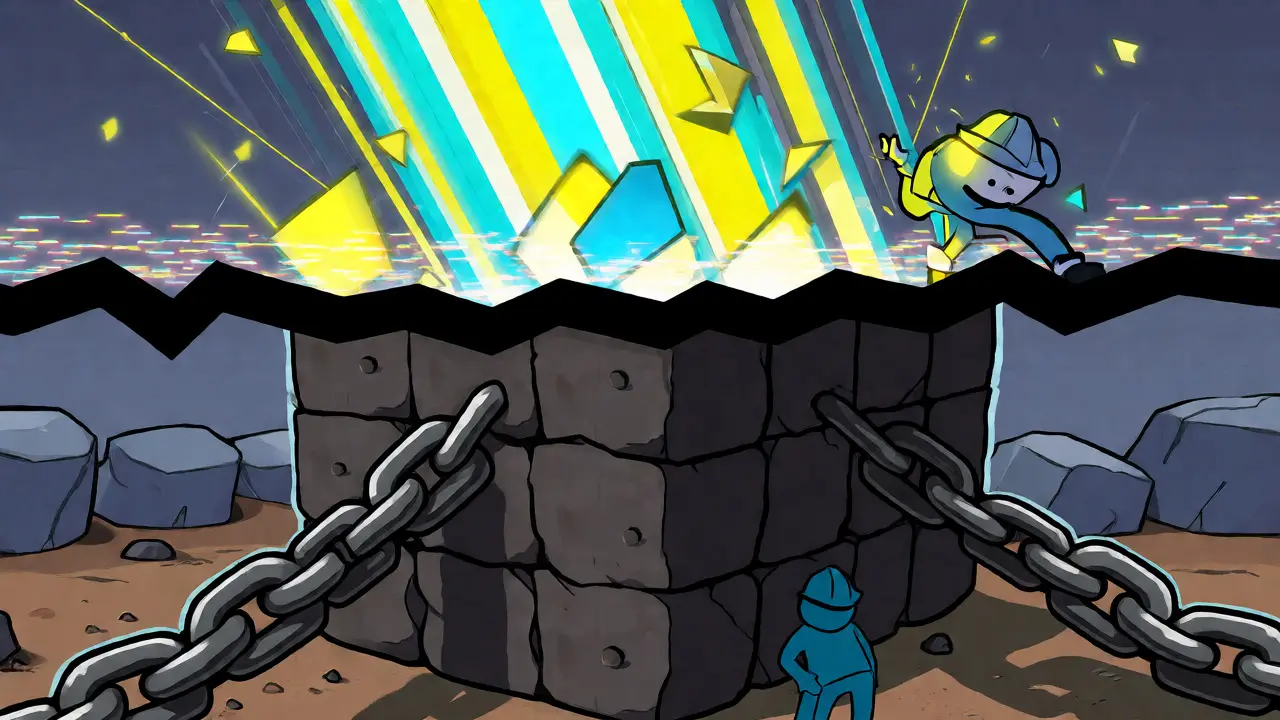 Visual metaphor showing heavy secure layer below and fast transaction layer above