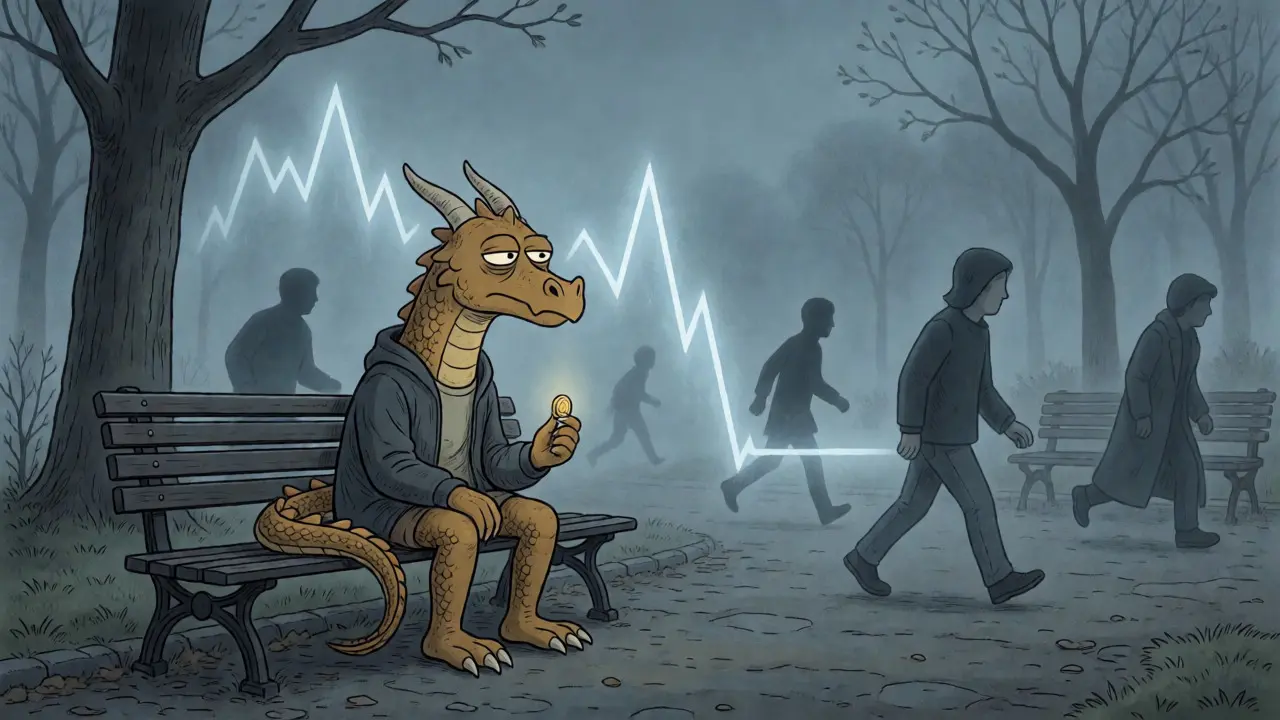 Weary dragon sitting alone as price graph fades, symbolizing post-airdrop market cooling