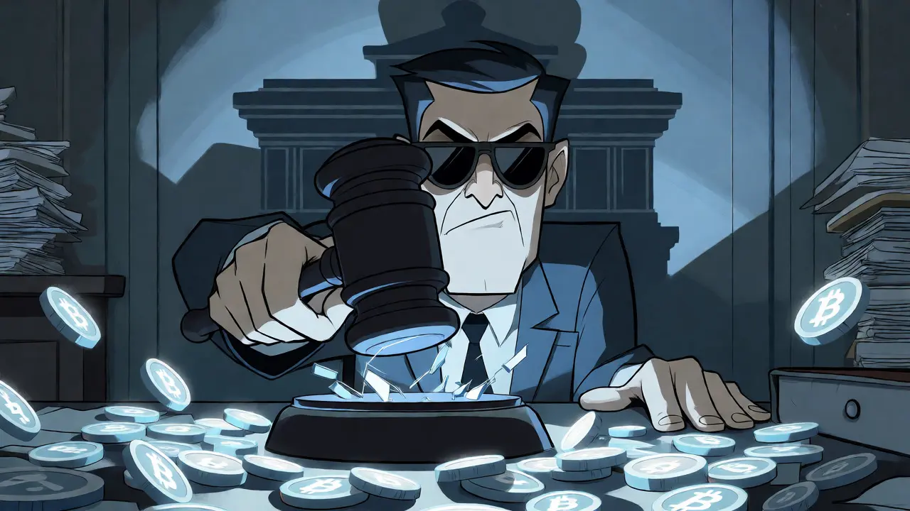 A government official smashing holographic crypto tokens with a gavel in a dark office.