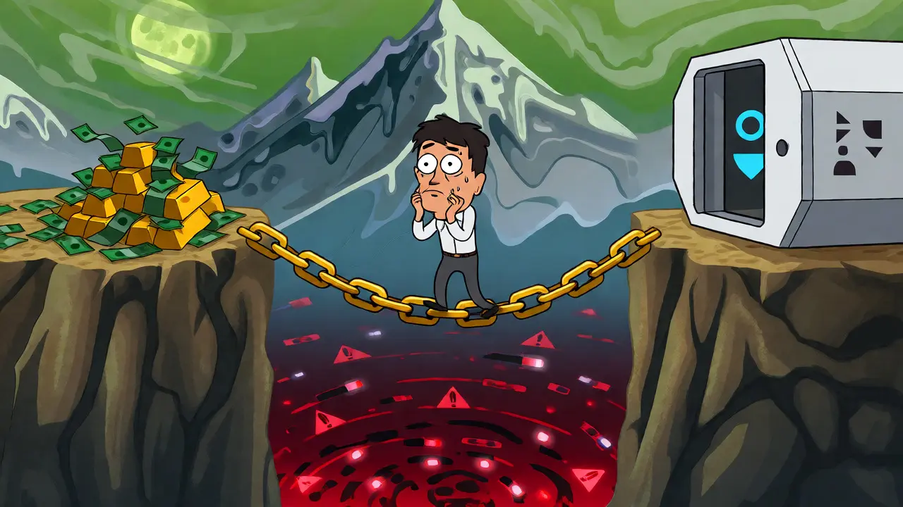 A stressed man crossing a chain bridge between cash piles and an offshore vault over a vortex.