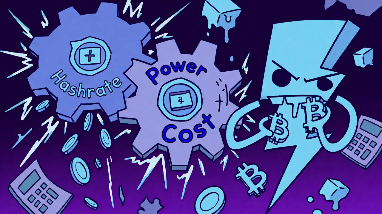 Abstract cartoon gears and lightning bolts crushing Bitcoin symbols in a void.