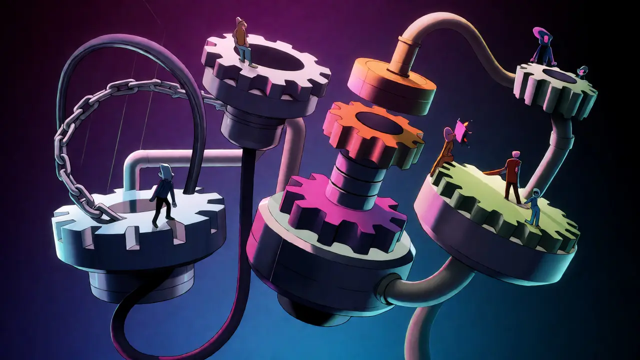 Abstract cartoon machine representing modular blockchain layers with interlocking gears and pipes.