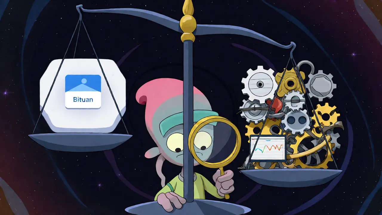 Alien character weighing simple Bituan interface against complex exchange tools on a cosmic scale.