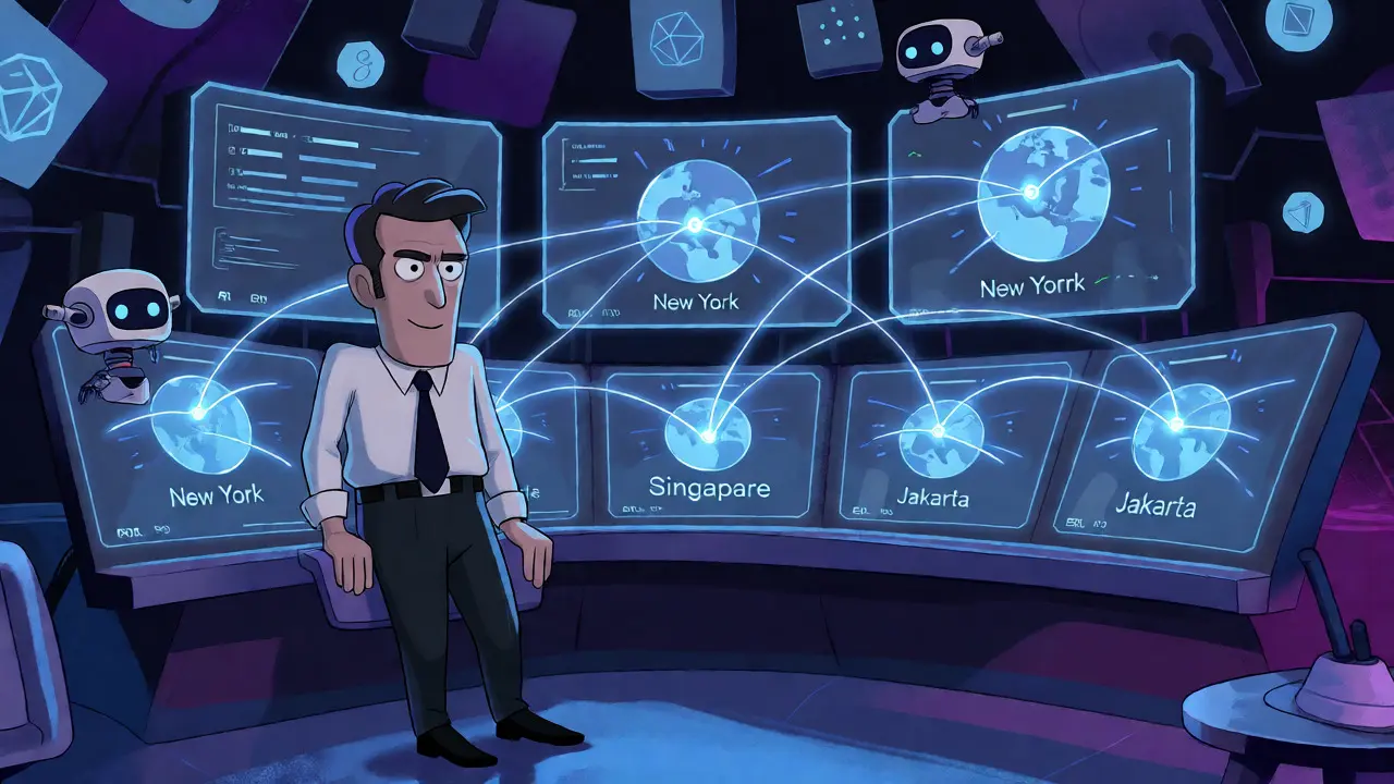 Business owner controlling a global digital payment network via hologram.