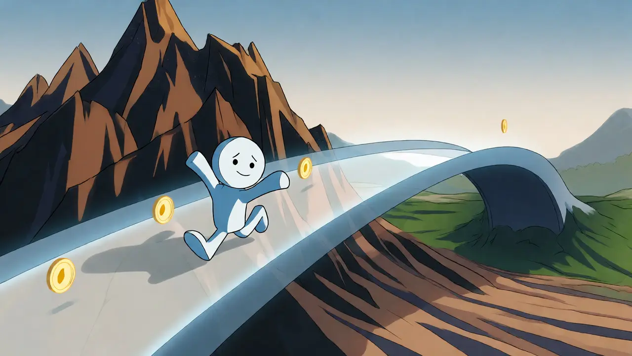 Cartoon mascot bridging high-fee and low-fee blockchains