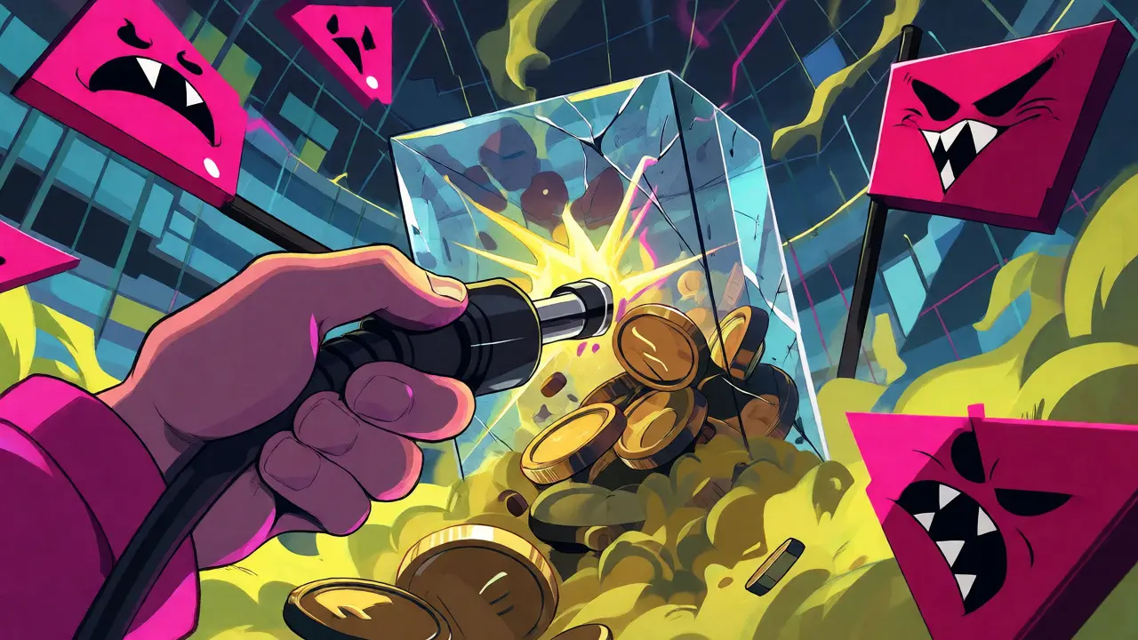 Character plugging a sparking cable into a cracking glass vault leaking dissolving coins.
