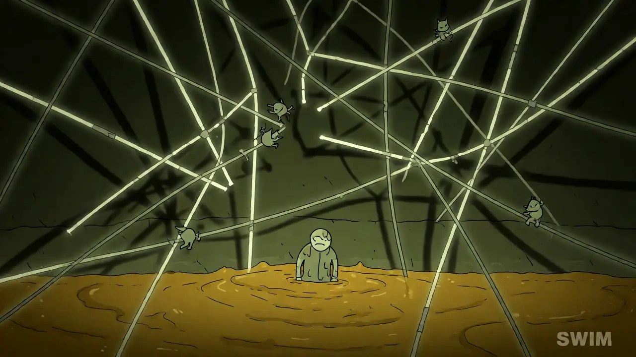 Character stuck in gold liquid beneath a chaotic, broken network of glowing cables.