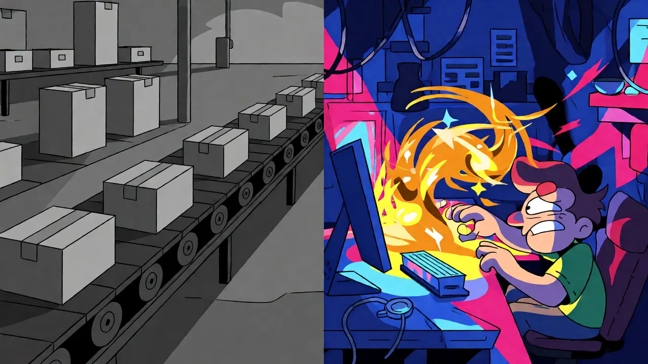 Contrast between a gray AMM factory and a vibrant coded liquidity workshop.