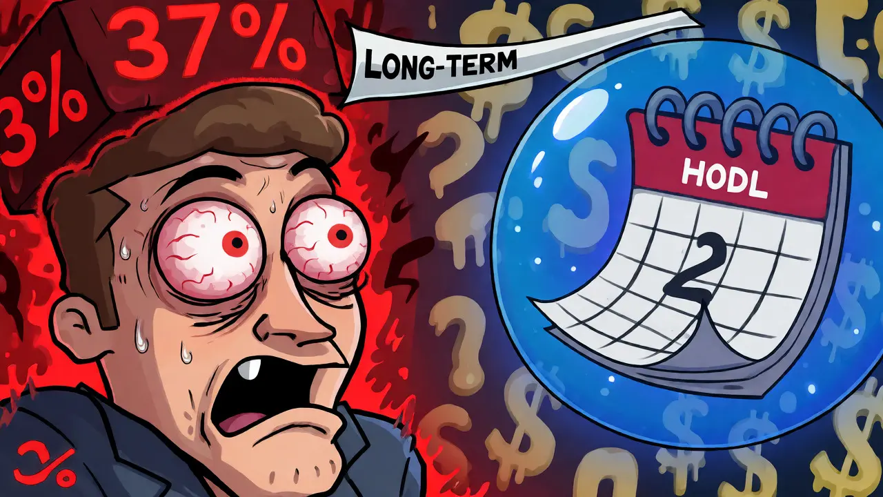 Contrast between a stressed short-term trader and a relaxed long-term HODLer.