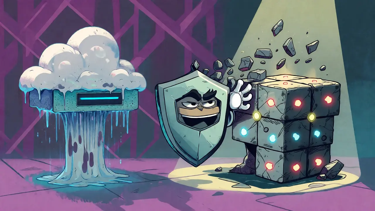 Decentralized blockchain anchor vs fragile cloud in Adult Swim art