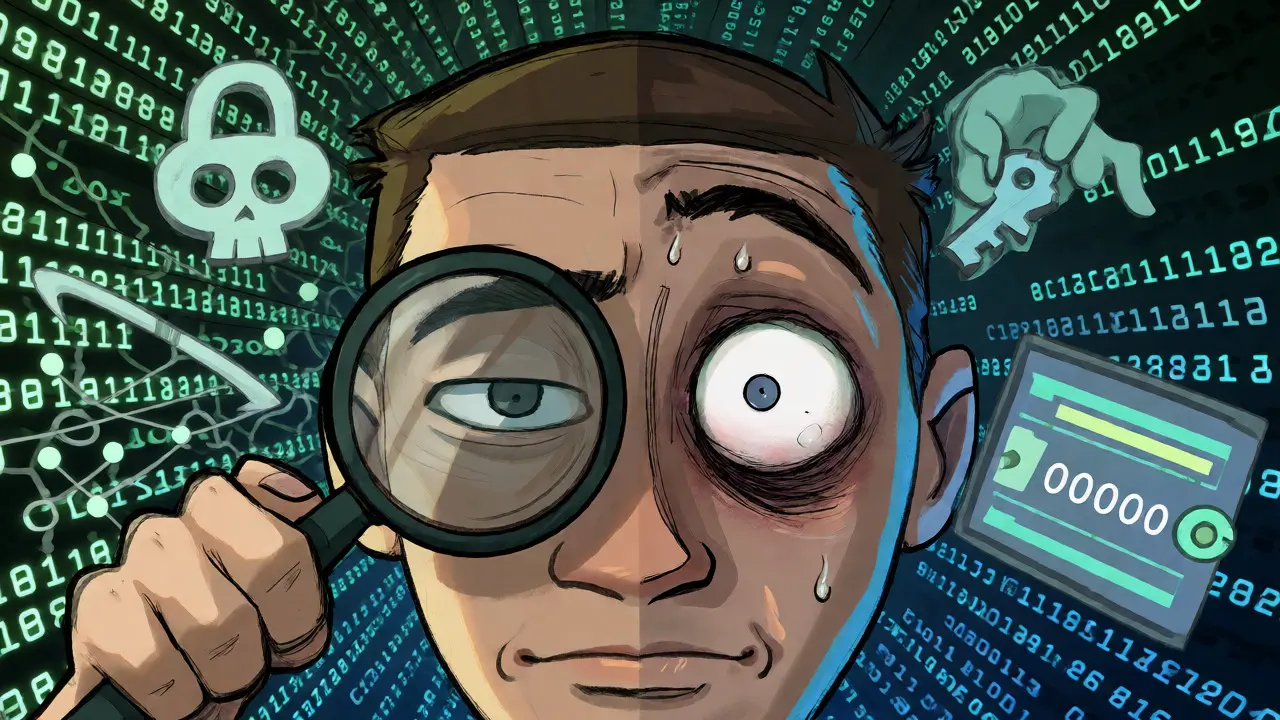 Distorted cartoon face analyzing blockchain security risks versus airdrop hype