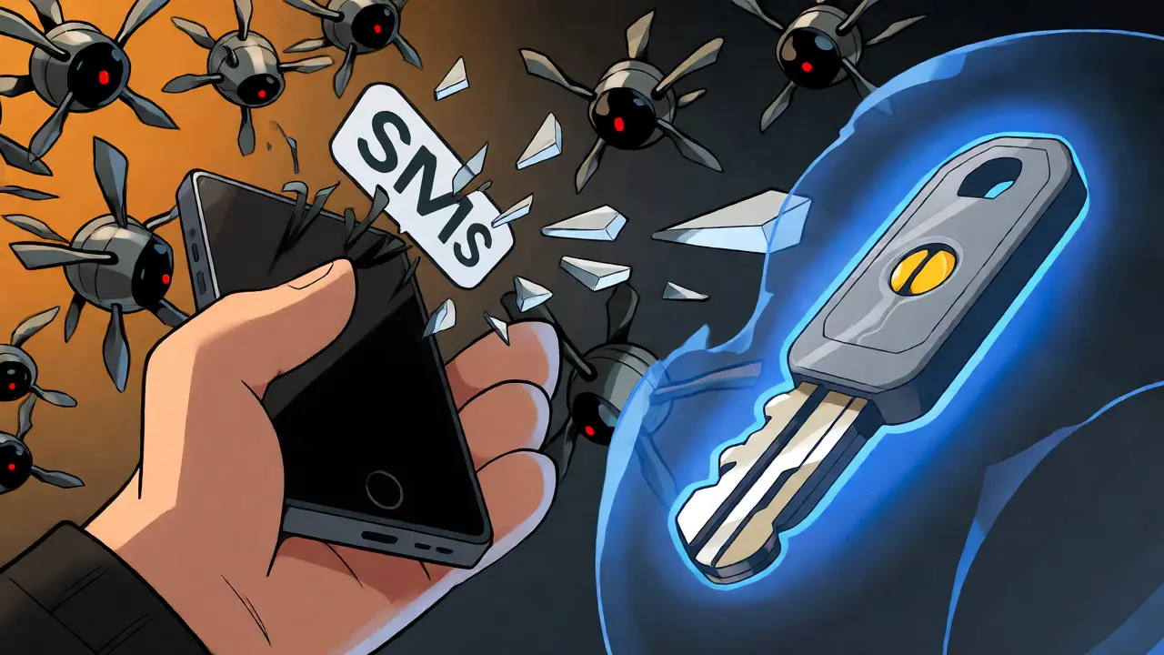 Drones attacking phone while hardware key defends in cartoon style
