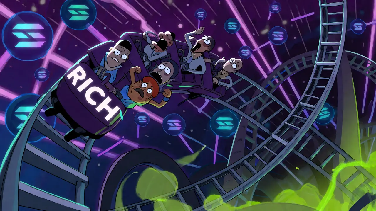 Exaggerated cartoon characters on a volatile rollercoaster amidst digital nodes.